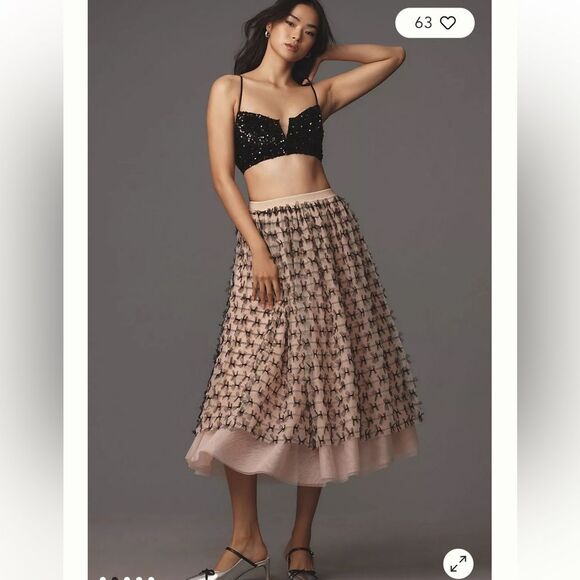 Anthropologie Maeve All-Over Bow Tulle Midi Skirt